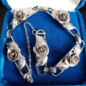 Elegant Silver leaf and 3d Roses Bracelet